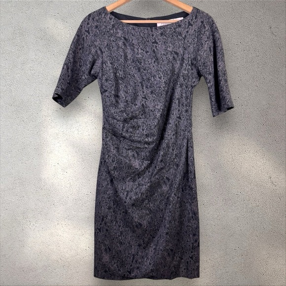 Lela Rose‎ Gray Abstract Sheath Pencil Dress Ruched Bateau Neck Sz 8